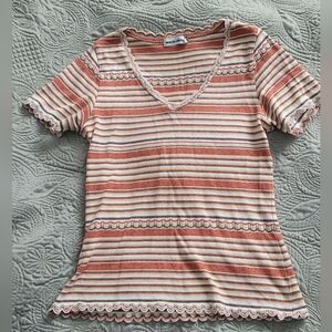 Adorable Striped V-Neck Lace Trim Top
